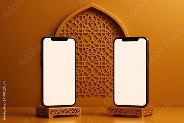 Obraz Two Phones Showcase with Blank Screen in Golden Islamic Decorative Setting, Minimalist