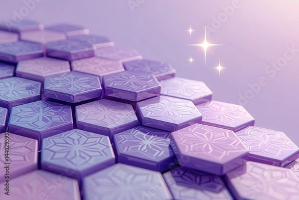 Obraz Lavender Hexagonal Tiles with Floral Pattern and Sparkles on a Pastel Background