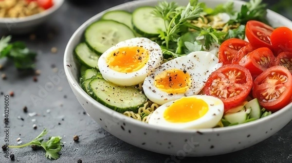 Fototapeta Ramen bowl topped with softboiled eggs, cucumber slices, tomato and herbs
