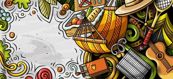 Obraz Picnic hand drawn doodle banner. Cartoon vector detailed flyer. Illustration with camp objects and symbols. Colorful vertical background