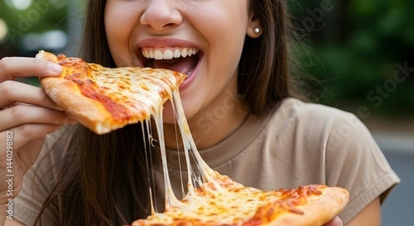 Obraz Young Woman About to Bite into a Slice of Pizza