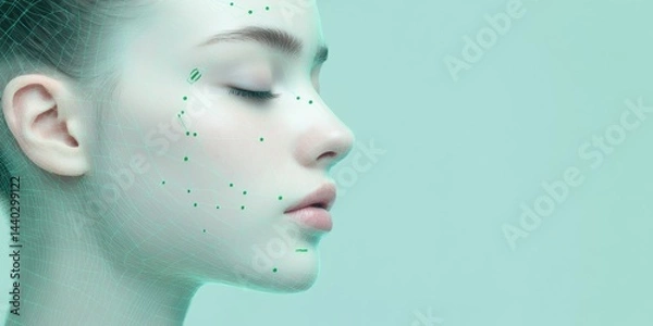 Fototapeta Young woman profile with digital facial tracking points, representing AI-driven biometric scanning and futuristic beauty tech