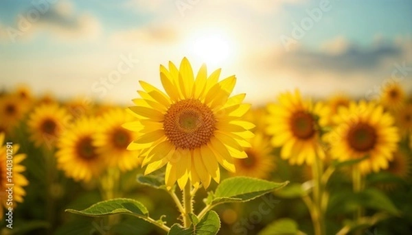 Obraz Sunflower field with bright sun in the background during golden hour