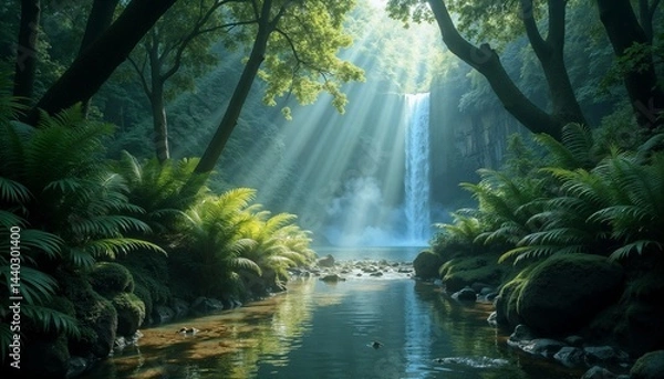 Obraz Serene waterfall in a lush green forest with sunlight rays illuminating the water
