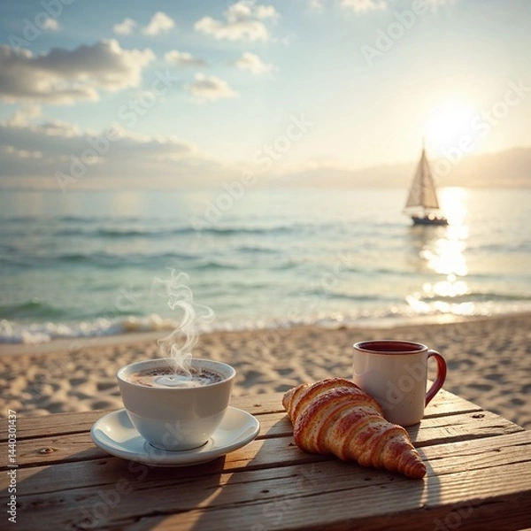 Obraz Coffee and croissant on a beachside table with a sailing boat in the background at sunrise
