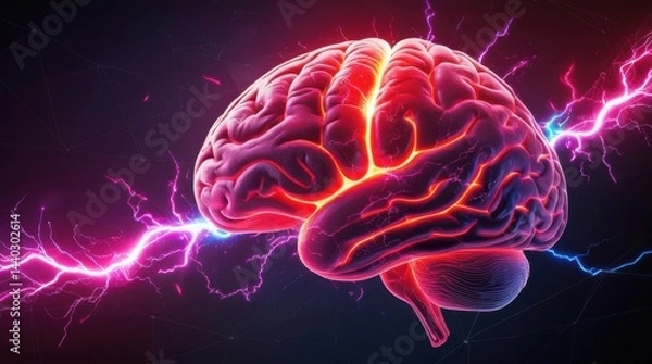 Fototapeta Glowing Red Brain with Neural Impulses and Energy Connections