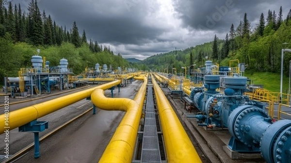 Fototapeta A long yellow pipeline is surrounded by trees and mountains