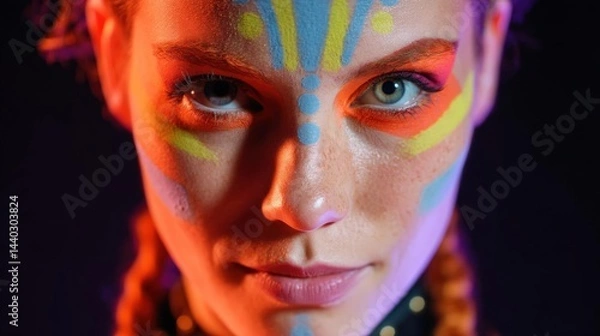Fototapeta Close-up portrait of a young woman's face and upper body. she has a unique and creative makeup look with a combination of bright colors and patterns.