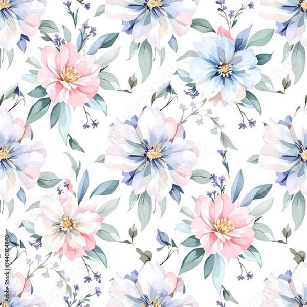 Fototapeta Seamless pattern of delicate pink peony flower watercolor and leaves