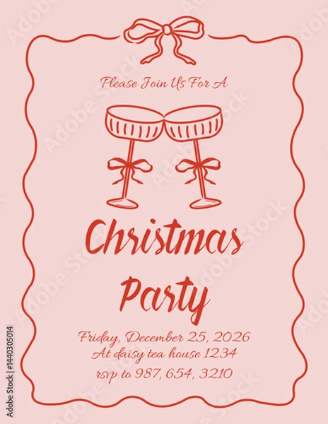 Obraz Christmas dinner party invitation card with hand drawn coquette frame and glasses for festive dinners, cocktail parties and holiday gatherings.