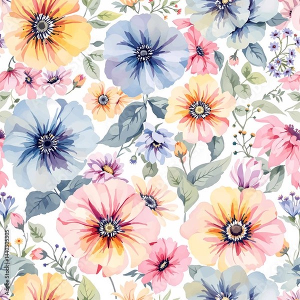 Fototapeta Seamless summer pattern with watercolor flowers handmade.