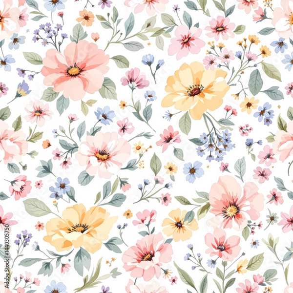 Fototapeta Seamless summer pattern with watercolor flowers handmade.