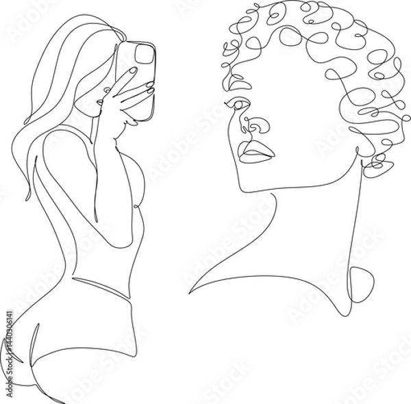Fototapeta Set of abstract drawings of a woman's face. Line drawing. Cosmetics logo.