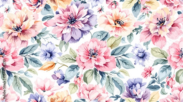 Fototapeta Seamless pattern with flowers and leaves. Hand drawn background. floral pattern for wallpaper or fabric. Flower rose. Botanic Tile.