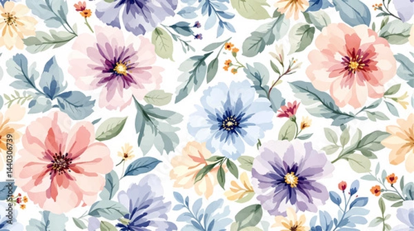 Fototapeta Seamless summer pattern with watercolor flowers handmade.
