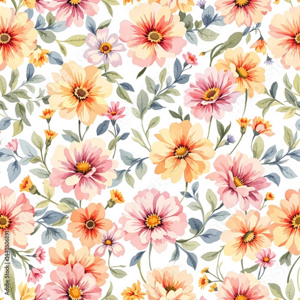 Fototapeta Seamless summer pattern with watercolor flowers handmade.