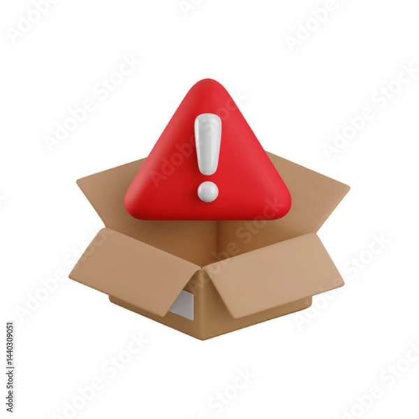 Obraz Vector cartoon 3d delivery problem icon. Realistic 3d open cardboard box with exclamation mark red triangle symbol. Missing parcel, cargo troubles, attention signal, order error shipping information.