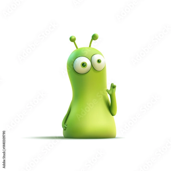 Obraz 3D friendly green monster character, alien on white background. For concepts of fiction, viruses, and extraterrestrial life. Childhood, toy, icon. Vector illustration.
