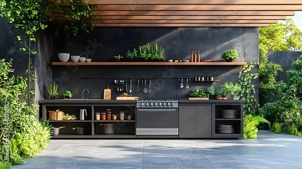Obraz 3D rendering of a modern outdoor kitchen with summer cooking tools