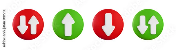 Obraz Vector cartoon 3d arrow button set. Cute realistic up, down and oncoming direction white arrows sign on green and red circle. 3d render plastic navigation direction icon for infographic, app, game.