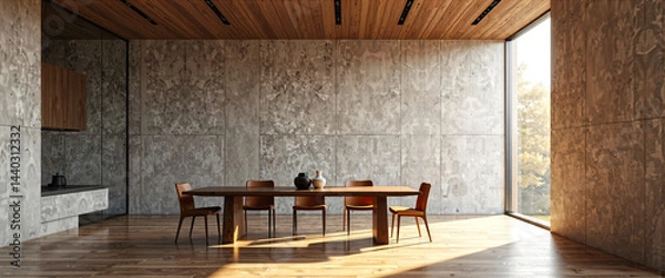 Obraz Modern Minimalist Dining Room with Concrete Walls Wooden Table and Natural Light
