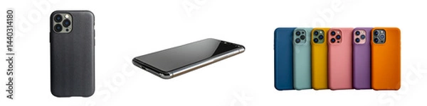 Fototapeta A collection of smartphone and colorful protective cases isolated on a transparent background.