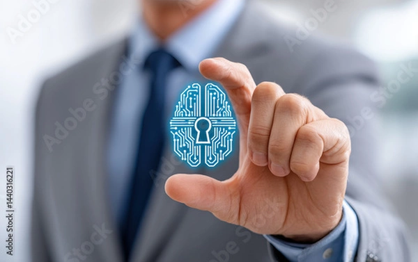 Fototapeta Secure AI technology icon with digital lock held by businessman in suit, symbolizing data protection and cybersecurity