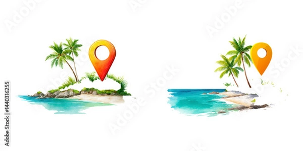Fototapeta Tropical Coastline Illustration with Palm Trees and Map Pin Markers