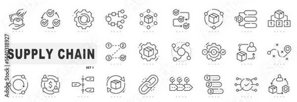 Fototapeta Set of supply chain related line icons. Logistics, process, management etc. Editable stroke