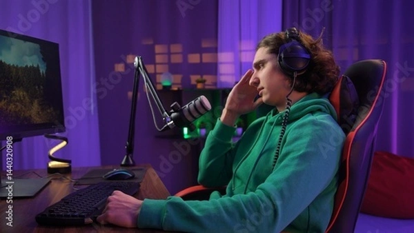 Fototapeta Young adult man spending time at home, man streamer gamer sits at desk with computer, streaming online and losing game, frustrated expression.