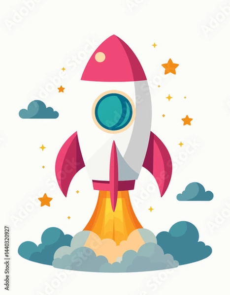 Obraz Cartoon pink rocket ship launching with stars and clouds