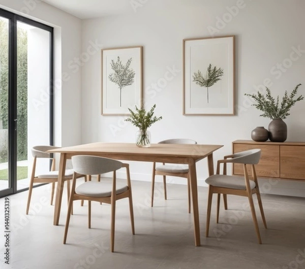 Fototapeta A rustic wooden dining table with a rich, dark finish, featuring a smooth surface and sturdy legs, surrounded by elegant chairs in a cozy dining room.