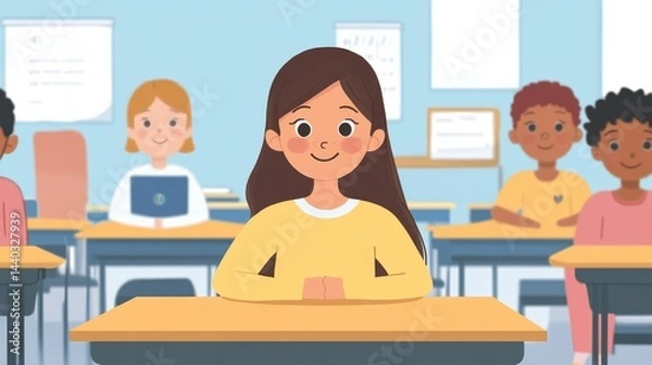 Obraz Student, A girl is sitting at a desk in a classroom with other students