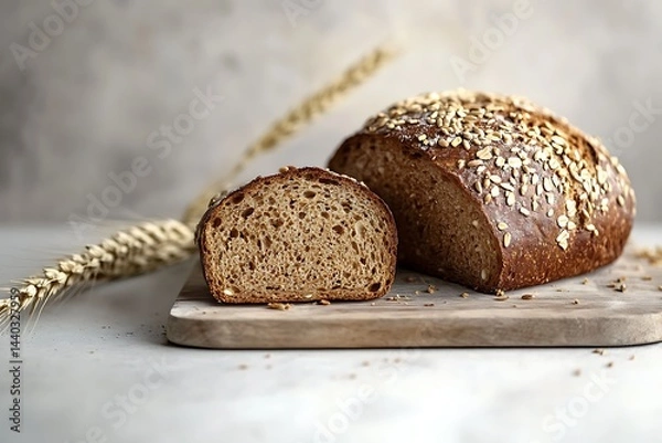 Obraz Seeded Rye Bread Sliced on Wooden Board with Wheat Stalk and Rustic Backdrop