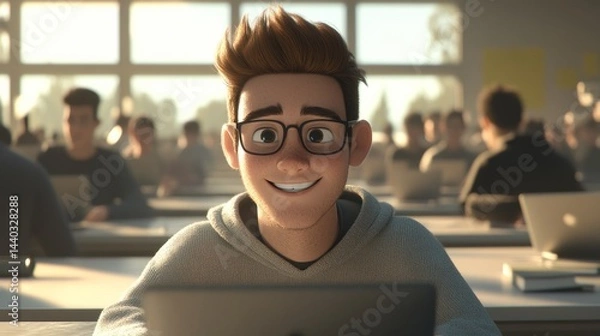 Obraz Student, A cartoon boy with glasses is sitting at a desk with a laptop