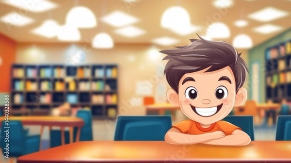 Obraz Student, A boy is sitting at a table in a library