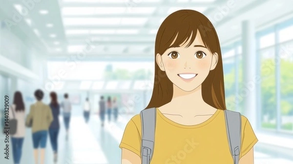 Obraz Student, A girl is smiling in a hallway with other people