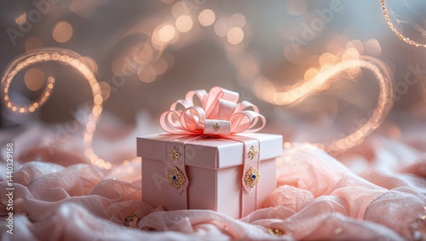 Obraz Elegant pink gift box with bow on soft pink fabric and sparkling lights