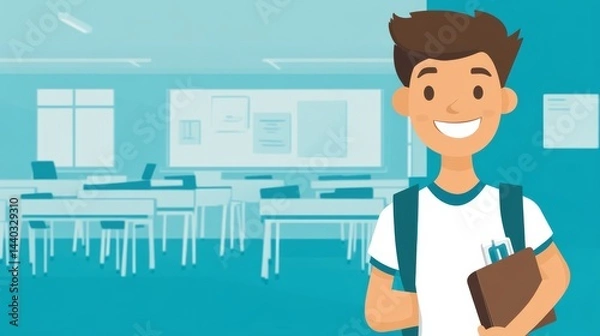 Obraz Student, A young man is smiling and holding a book in front of a classroom