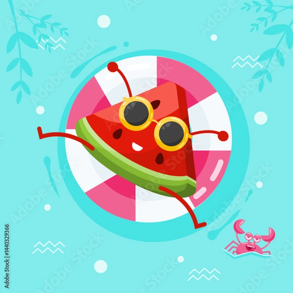 Fototapeta watermelon slice character is in the swimming pool enjoying summer with a crab