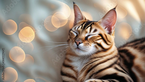 Obraz Bengal cat relaxing with closed eyes and bokeh lights