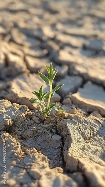Obraz Sprout in Arid Land, Green Plant Emerging from Dry Cracked Earth Surface, Macro Shot