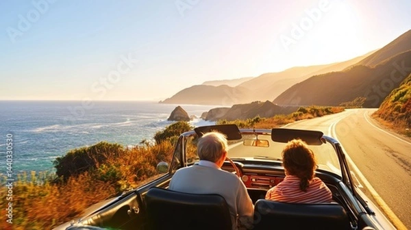 Obraz Couple enjoys a golden hour coastal drive in a classic convertible. Perfect for travel promotions, evoking adventure and escape. Ideal for aspirational lifestyle content.