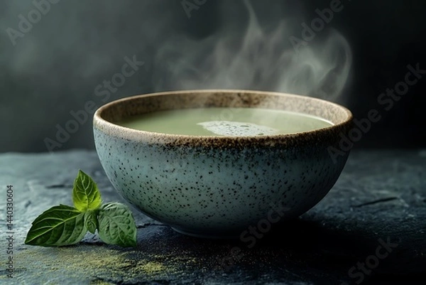 Obraz Steaming light green matcha in a rustic bowl with basil leaves and dark background