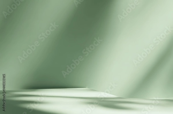 Obraz Minimalist composition with soft green tones, gentle shadows, and smooth surfaces creating a serene abstract background.