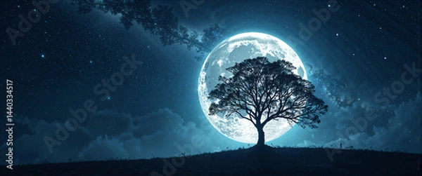 Obraz Serene Nightscape Lone Tree Silhouetted Against a Giant Full Moon and Starry Sky