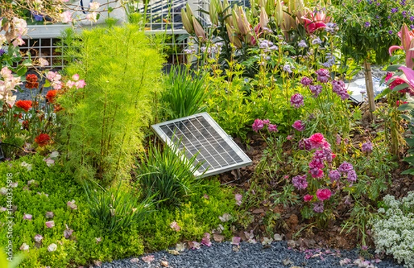 Fototapeta solar garden light in a flower bed, energy saving and environmetally friendly concept