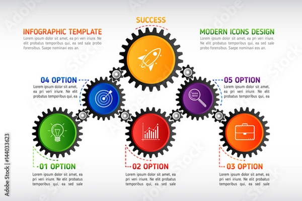 Fototapeta Abstract gears infographic. Mechanism with integrated gears and icons for business presentations or information banner. Modern design of background esp 10