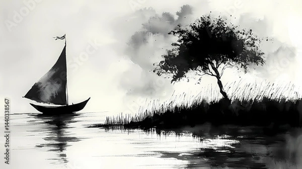Fototapeta Landscape Lake view of Mountain, Tree, Grass, and Boat On the River. Black and White Ink Painting. Pencil Painting