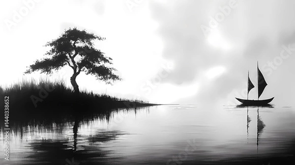 Fototapeta Landscape Lake view of Mountain, Tree, Grass, and Boat On the River. Black and White Ink Painting. Pencil Painting